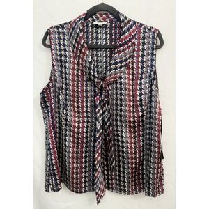 NWT Tahari Purple Navy Print Sleeveless Blouse Tie Neck‎ Button Down Womens PXL